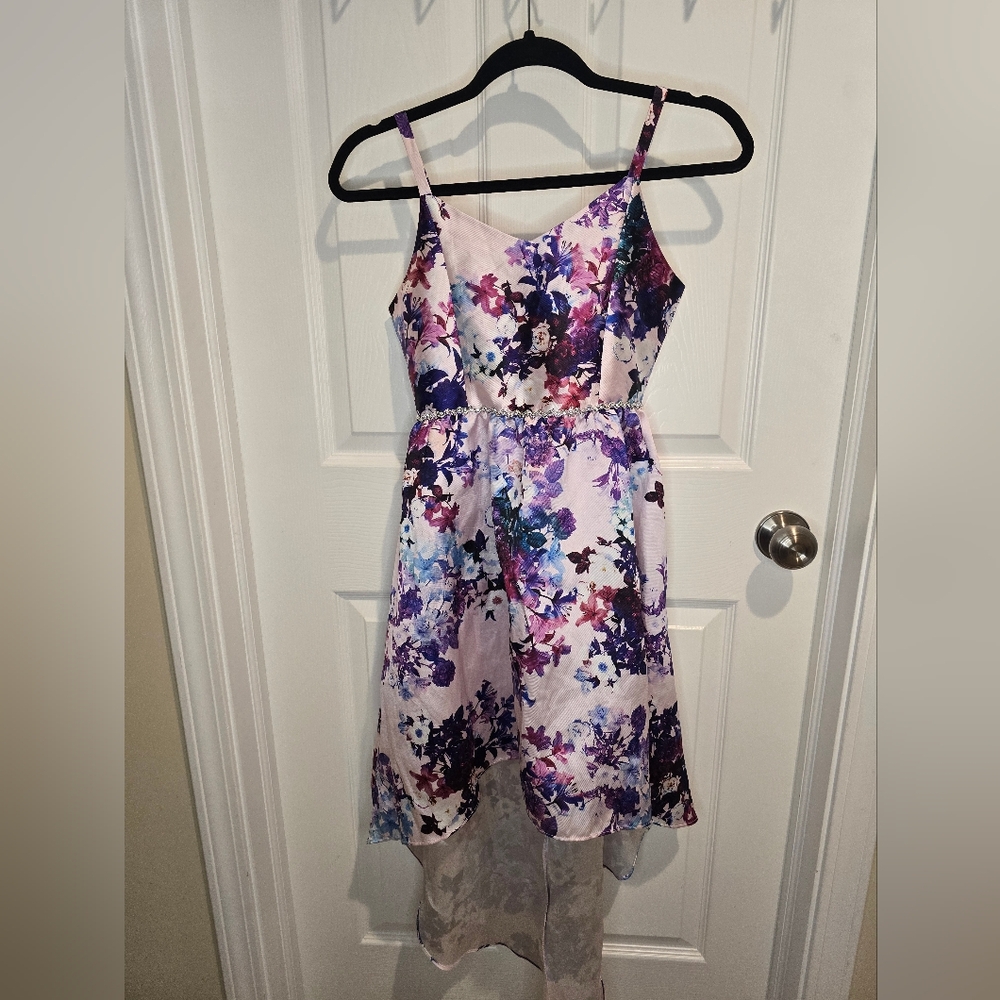 Emily Rose Purple Lavender Floral Spaghetti Strap Dress High-low Hem